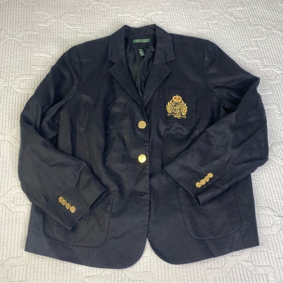 Ralph Lauren 100% Linen Black Gold Button Crest Emblem Blazer Size 16W *flaw - Picture 1 of 16